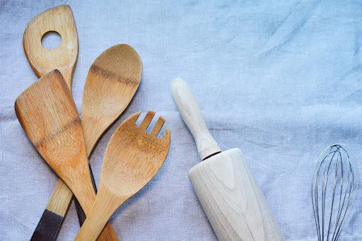 wooden utensils for use with a cast iron pan
